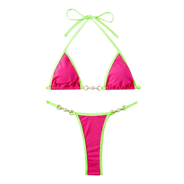  SheIn Women's 2 Piece Colorblock Micro Bikini Set Thong String  Swimsuit Chain Bathing Suit Pink Medium : Clothing, Shoes & Jewelry