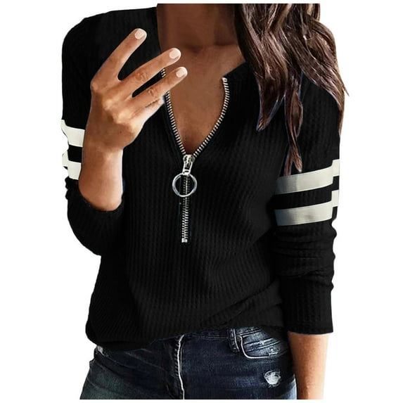 Olyvenn Sales Womens Tunics Waffle Knit Sweaters Long Sleeve Henley Shirt Half Zip V-Neck Loose Thermal Fall Fashion Tops Black XXL