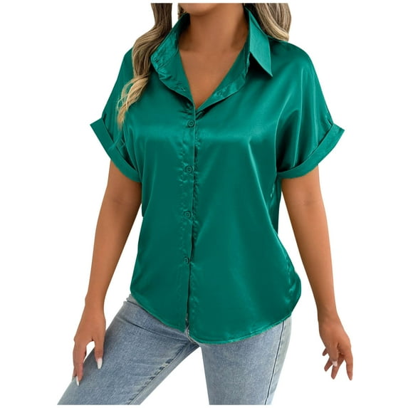 Olyvenn Satin Silk Button Down Shirts Women's Dress Shirts Collared Roll Up Short Sleeve Blouse Ladies Summer Office Work Tops Green XXL