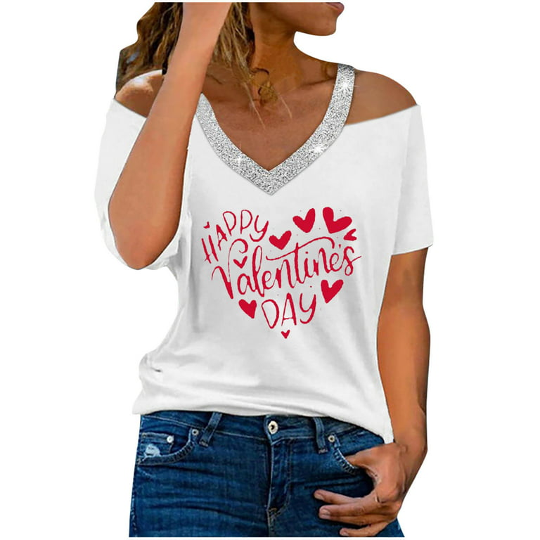 Olyvenn Save Big HAPPY Valentlines Day Graphic Tunic T Shirts for Women  Short Sleeve Cold Shoulder Sexy V Neck Love Heart Print Fashion Laides  Gifts for Girls Love Female Leisure White 8 