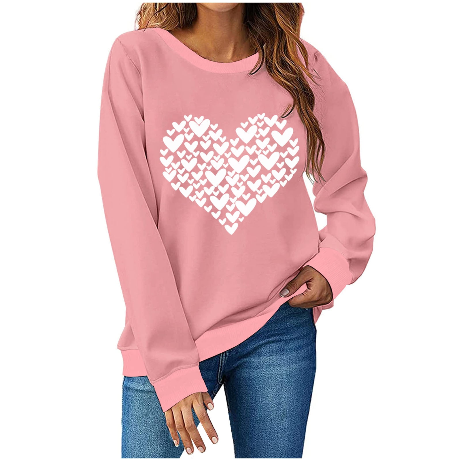 Olyvenn Clearance Valentine's Day Gifts Sweatshirts for Women Long Sleeve  Ladies Fashion Pullover Tops Love Heart Print Crew Neck Comfy Spring Trendy