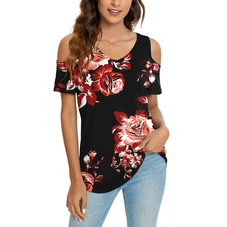 Olyvenn Save Big Tunic Blouse Shirts for Women Fashion Ladies Tops Short  Sleeve Sexy V Neck Cold Shoulder Slim Fit Casual Floral Print Summer Trendy