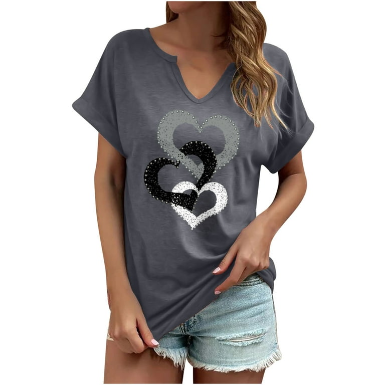 Olyvenn Save Big Tunic T Shirts for Women Sexy V Neck Love Hearts Print  Summer Gift Trendy Girls Love Short Sleeve Fashion Ladies Blouse Tops Slim  Fit