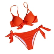Olyvenn Save Big Women's Bikini Swimsuit Solid Color Beachwear Strappy Backless Bathing Suit Front Bow Swimwear Sets Summer Fashion Cozy Outfits for Girls Female Leisure Orange 8