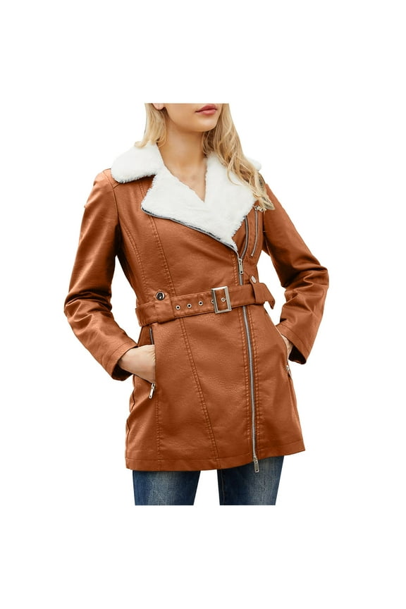 Fashion Women's Winter Warm Faux Fur Lapel Long Sleeve Belted PU Leather Jacket Coat Outwear Faux Fur Leather Coat for Women Trendy Gold 12