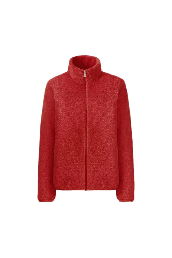 Fashion Women's Winter Warm Fuzzy Fleece Zip Up Outwear Stand Collar Fluffy Soft Plush Coat Thickening Oversized Black Jacket Pockets Red 16