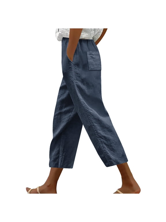 Fashion Capri Pants for Women Baggy Loose Summer Trending Straight Leg Cropped Trouser Beachwear for Vacation Travel Navy XXL