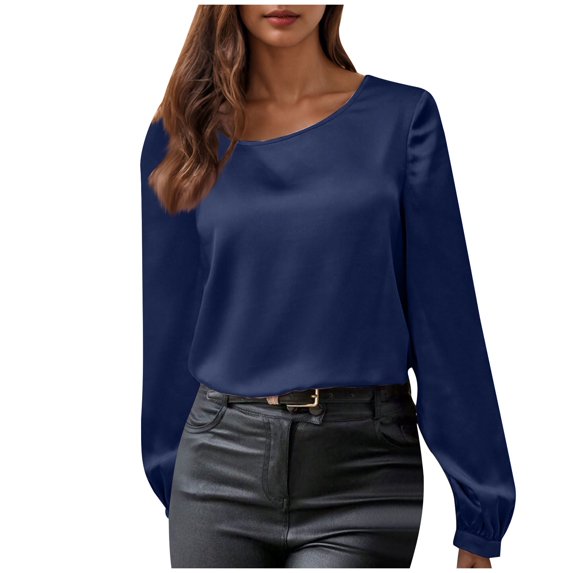 Olyvenn Fashion Fall Women Tops Puff Long Sleeve Chiffon Work Blouses Dressy Casual Crewneck Flowy Shirts Tees Tunics Blue M