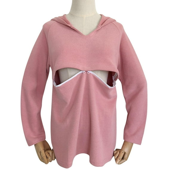 Olyvenn Fashion Women Breastfeeding Hoodies for Nursing Hooded Top Cotton Long Sleeve Maternity Shirt Pullover Pregnant Clothes Pink 12-14
