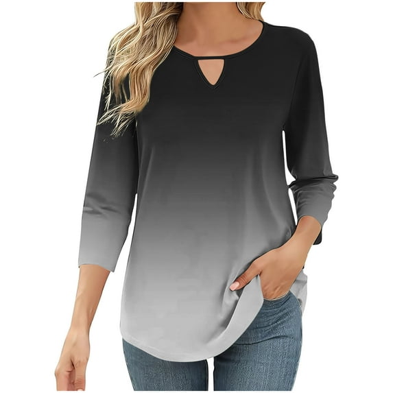 Olyvenn Fashion 3/4 Length Sleeve Womens Tops Spring Keyhole V Neck Casual Gradient Tunic T Shirts Summer Trendy Boho Floral Blouses Black XXL