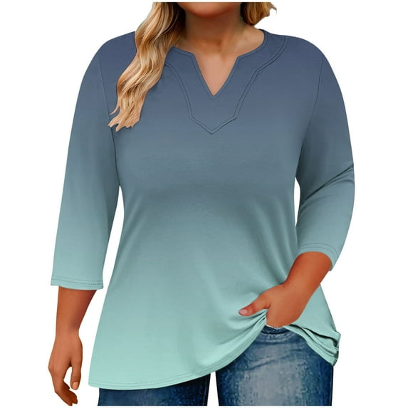 Olyvenn Fashion 3/4 Length Sleeve Womens Tops Plus Size Summer Notched V-Neck Oversized Tshirts Gradient Color Blouses Oversized Tops Navy XL