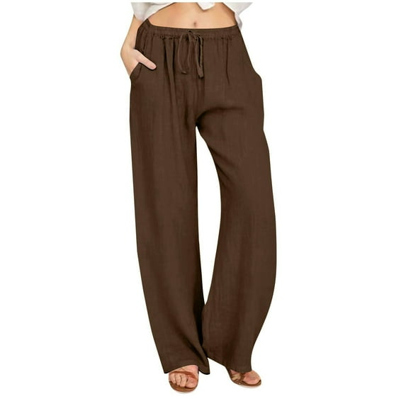Olyvenn Fashion Beach Pants for Women Trendy Lounge Loose Drawstring Elastic Waist Pant Trousers Casual Summer Slacks Clothes Brown XXXXL