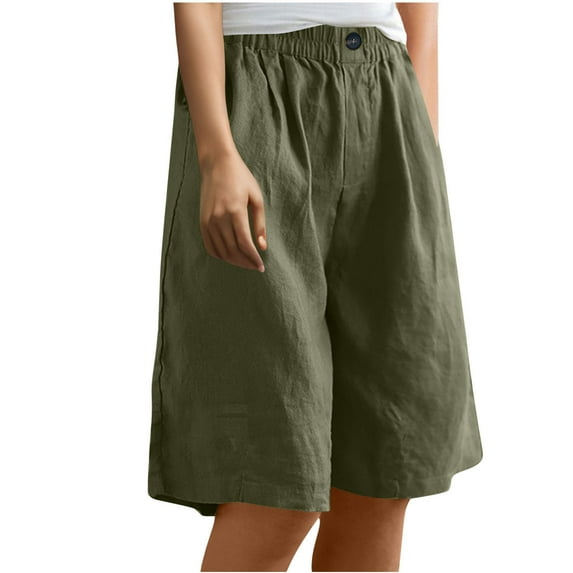 Olyvenn Fashion Bermuda Shorts for Women Wide Leg Cotton Linen Knee Length Casual Shorts Summer Loose High Waisted Short with Pockets Army Green XL