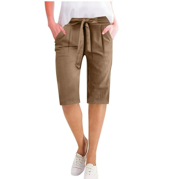 Olyvenn Fashion Business Shorts for Women Cotton Linen Casual Summer Straight Wide Leg Loose Tie Belt Elastic Waist Beach Shorts Coffee L