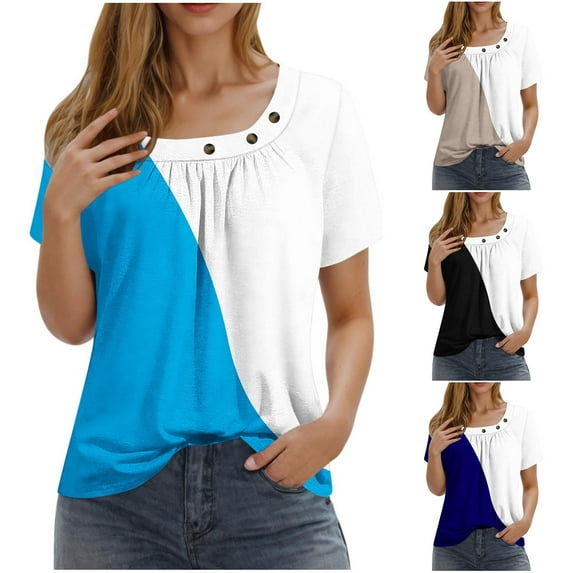 Olyvenn Fashion Button Shirts for Women Trendy Summer Short Sleeve Tunic Tops Vintage Color Block Button T-Shirt Casual Dressy Blouses Black 4