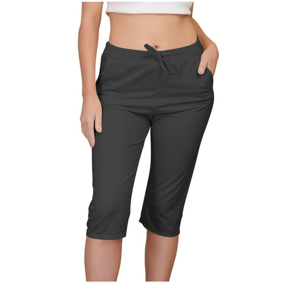 Olyvenn Fashion Capri Pants for Women Casual Lace-Up High Rise Straight Leg Yoga Capris with Pockets Stretch Slim Solid Cropped Pant Dark Gray XL