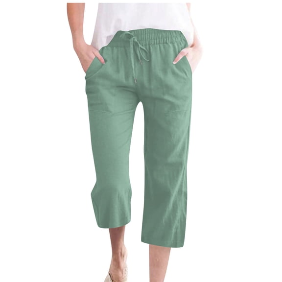 Olyvenn Fashion Capri Pants for Women Petite High Waisted Drawstring Casual Pants Summer Plus Size Cotton Linen Lounge Cropped Pants Mint Green XXXL