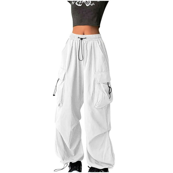 Olyvenn Fashion Cargo Pants Women High Waist Baggy Casual Solid Parachute Trousers Summer Loose Fit Y2K Streetwear with Mutil Pockets White S