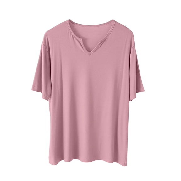 Olyvenn Fashion Casual T-Shirt for Women Solid Color Soft Athletic Blouse V-Neck Short Sleeves Shirts Summer Vacation Tee Tops Pink 12
