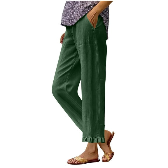 Olyvenn Fashion Cotton Linen Pants Women Elastic High Waisted Straight Leg Lounge Pants Casual Slacks Summer Trousers with Pockets Army Green L
