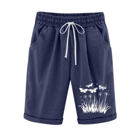 Olyvenn Fashion Cotton Linen Shorts for Women Fashion Boho Floral Print Beach Shorts Loose High Wasit Drawstring Pants Navy XL