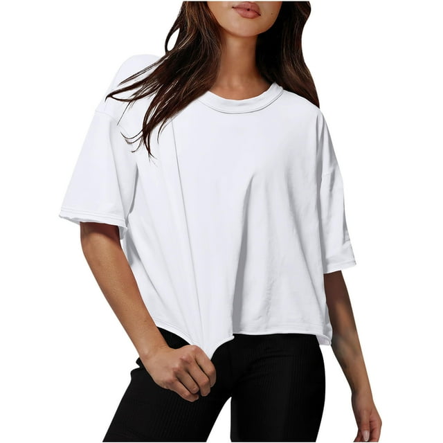 Olyvenn Savings Cotton Tshirts for Women Drop Shoulder Crew Neck Oversized Crop Tops Workout Tops Tees Oversized Workout Cropped T Shirts White 4