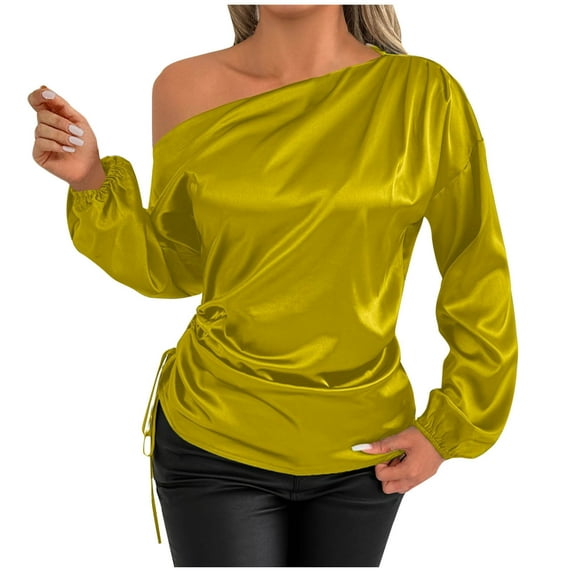 Olyvenn Fashion Elegant Off The Shoulder Satin Blouse for Women Dressy Casual Drawstring Side Long Sleeve Silk Business Office Shirts Yellow L