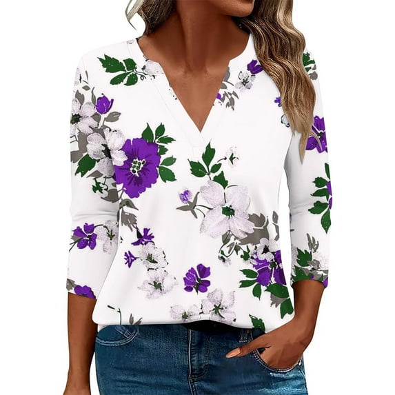 Olyvenn Fashion Fall 3/4 Length Sleeve Womens Tops Button Down V Neck Shirts Henley Blouses Dressy Floral Print Casual Clothes Purple 10