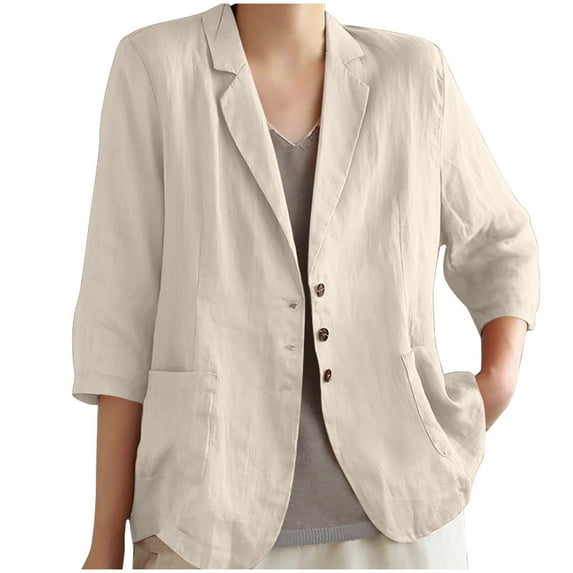 Olyvenn Fashion Fashion Cotton Linen Blouses for Women Comfy Solid Color Blazers Long Sleeve Casual Button Down Jackets Khaki M