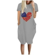 Olyvenn Savings Independence Day Graphic Crew Neck Womens Plus Midi Dresses Fashion Ladies Large Size Loose Casual Double Pockets Short Sleeve USA Flags Heart Print Female Leisure Gray 8