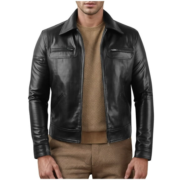 Olyvenn Fashion Leather Jacket for Men - Real Lambskin Vintage Trucker Mens Leather Jackets Lapel Neck Fashion Biker Jacket Black 14