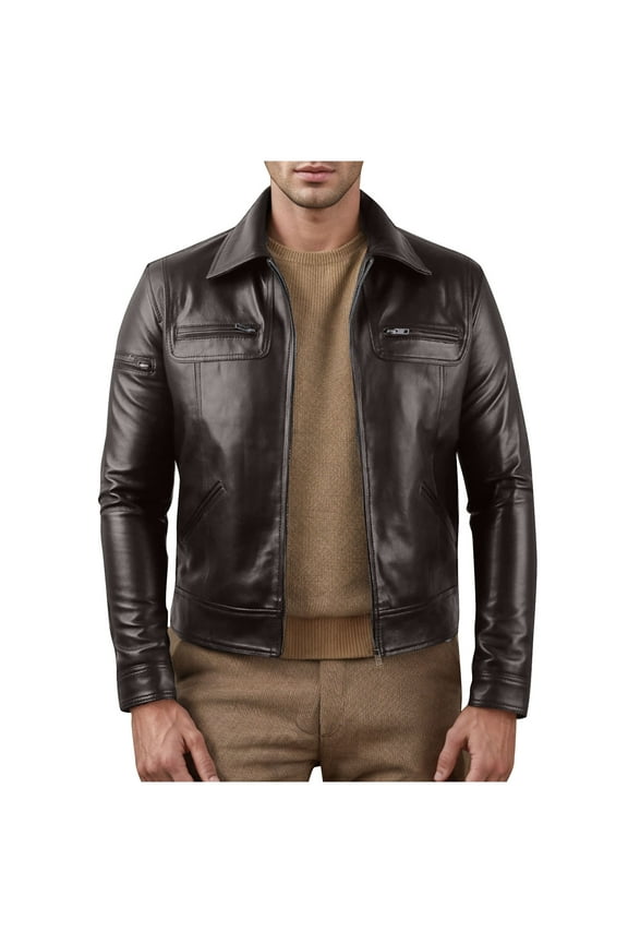 Fashion Leather Jacket for Men - Real Lambskin Vintage Trucker Mens Leather Jackets Lapel Neck Fashion Biker Jacket Brown 14