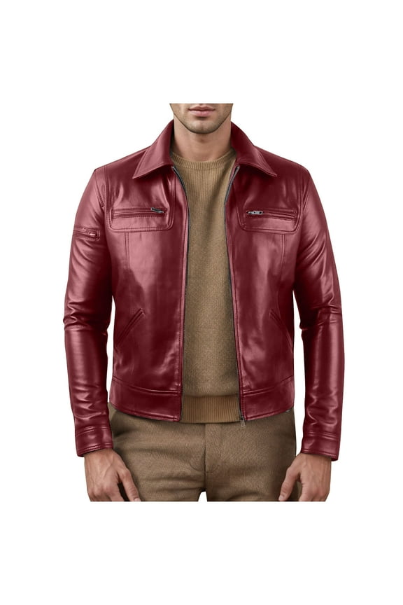 Fashion Leather Jacket for Men - Real Lambskin Vintage Trucker Mens Leather Jackets Lapel Neck Fashion Biker Jacket Wine 14