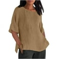 thumbnail image 1 of Olyvenn Fashion Linen Shirts for Women Basic Plus Size 3/4 Sleeve Tops Summer Casual Round Neck Pullover Blouse Ladies Tunic Tshirt Khaki S, 1 of 4