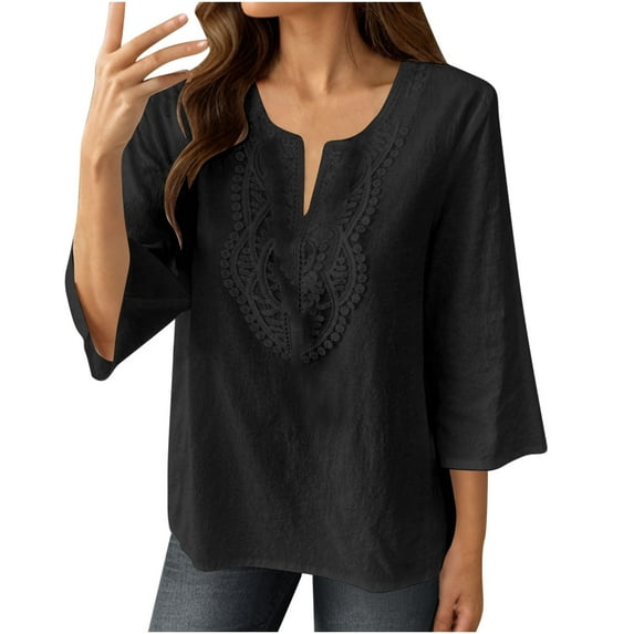 Olyvenn Fashion Linen Shirts for Women Summer 3/4 Sleeve V-Neck Lace Tunic Tops Casual Pullover Loose Blouse Trendy Dressy Shirts Black S