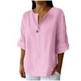 thumbnail image 1 of Olyvenn Fashion Linen Shirts for Women Summer Cotton Linen V Neck 3/4 Sleeve Tops Loose Vacation Beach Solid Blouses Tunic Tops Pink XXXL, 1 of 6
