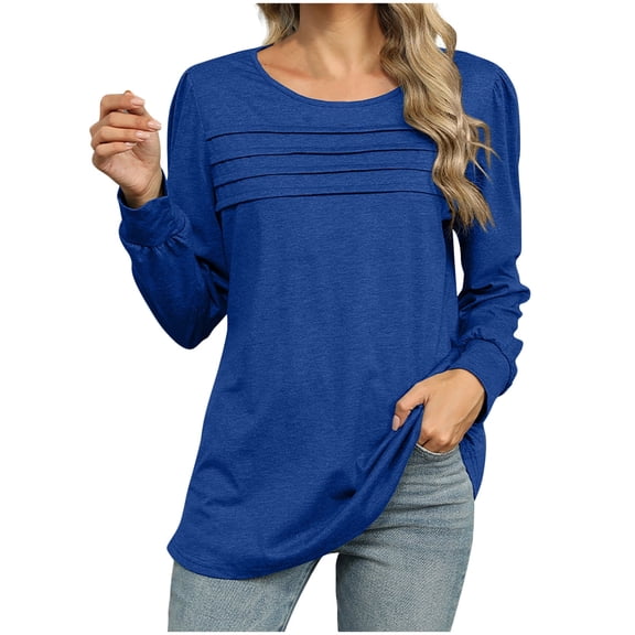 Olyvenn Fashion Long Sleeve Shirts for Women Pleated Crewneck Rolled Cuff Casual Dressy Blouses Spring Curved Hem Loose Tunic Tops Blue 12