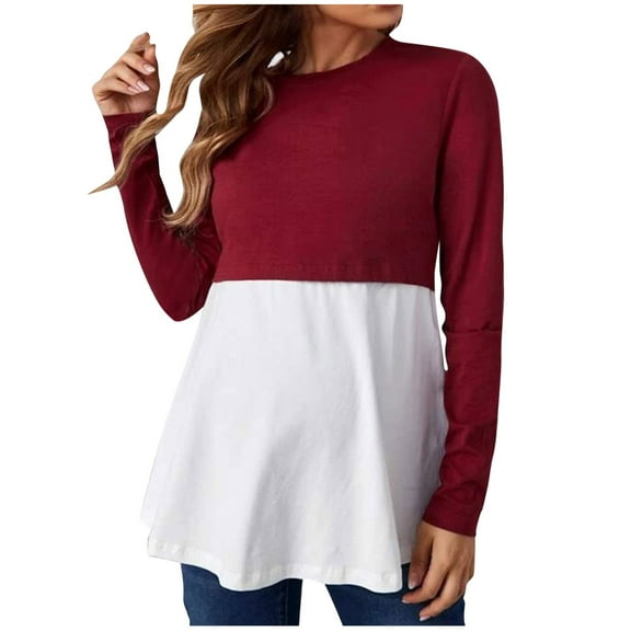Olyvenn Fashion Maternity Clothes Breastfeeding Maternity Wear Long Sleeve Round Neck Top Casual and Comfortable Maternity Clothes Wine 10