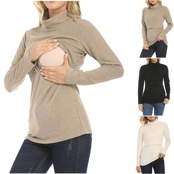 Olyvenn Fashion Maternity Nursing Tops Long Sleeve Crewneck Lightweight Breastfeeding T Shirt Casual Soft Breathable Pregnant Blouse Beige 8