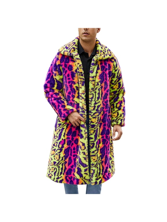 Fashion Men's Leopard Print Fluffy Faux Fur Coat Mens Winter Faux Fur Overcoat,Long Sleeve Long Thicken Jacket Hot Pink 12