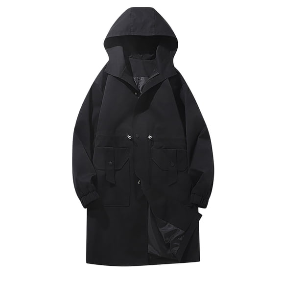 Olyvenn Fashion Men's Long Raincoat Ligtweight Rain Jacket Waterproof Outdoor Jackets with Hood Cargo Windbreaker Trench Coat Black 12