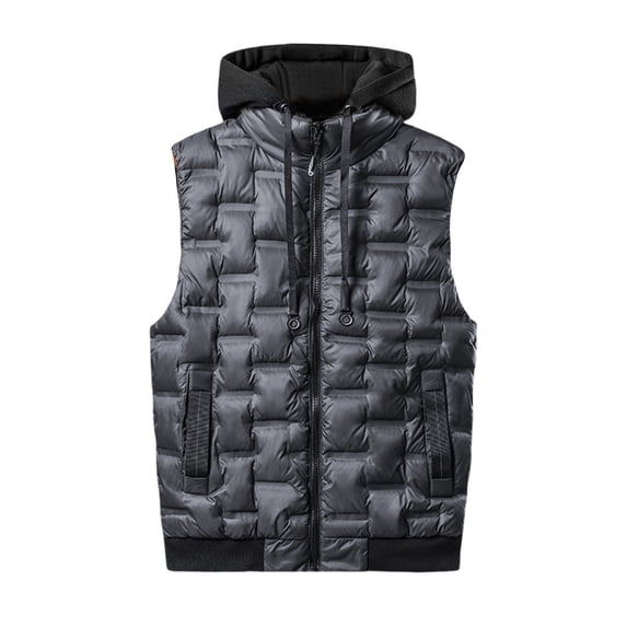 Olyvenn Fashion Men's Puffer Vest Outdoor Padded Warm Outerwear Softshell Travel Hiking Vest with Removable Drawstring Hooded Sleeveless Coat Gray 20