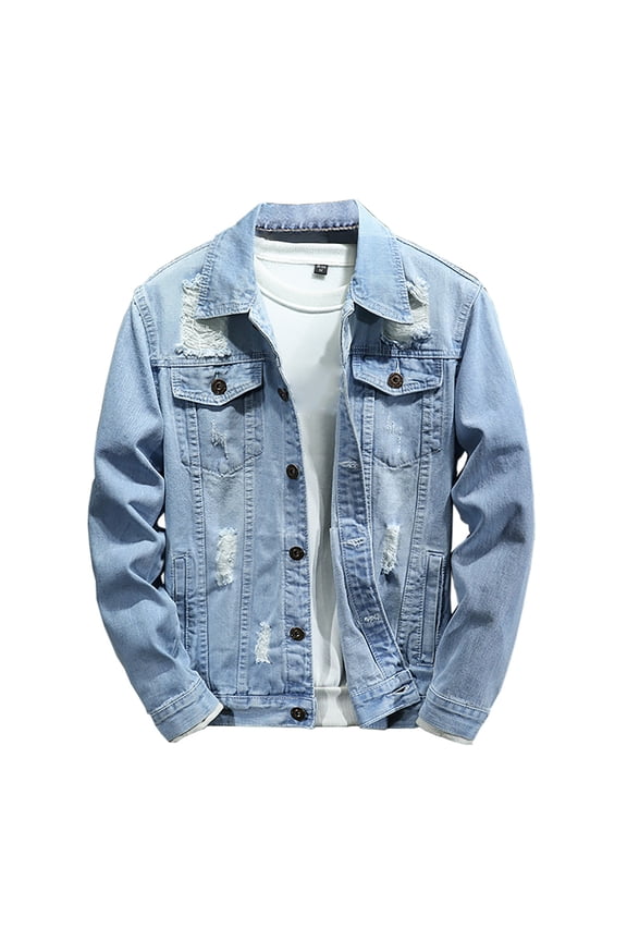 Fashion Mens Denim Jacket Ripped Slim Jean Jacket Coat for Men Trendy Long Sleeve Button Down Regular Fit Coats Light Blue 14