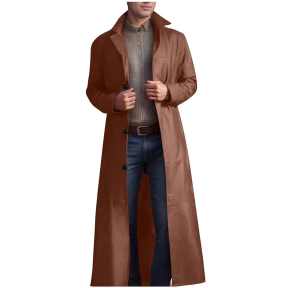 Olyvenn Fashion Mens Trench Coat Casual Single Breasted Long Jacket Lightweight PU Leather Trench Coat Long Sleeve Lapel Overcoat Khaki 6