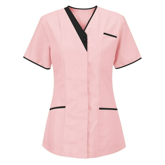 Olyvenn Fashion Nursing Scrub Tops for Women Trendy Housekeeping Uniforms Blouses Lightweight Short Sleeve V Neck Cleaning Shirts Pink L