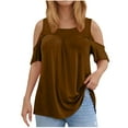 thumbnail image 1 of Olyvenn Fashion Plus Size Cold Shoulder Tunic for Women Summer Ruched Hide Belly Tunic Stylish Casual Crew Neck Flowy Beach Blouses Brown 16, 1 of 5