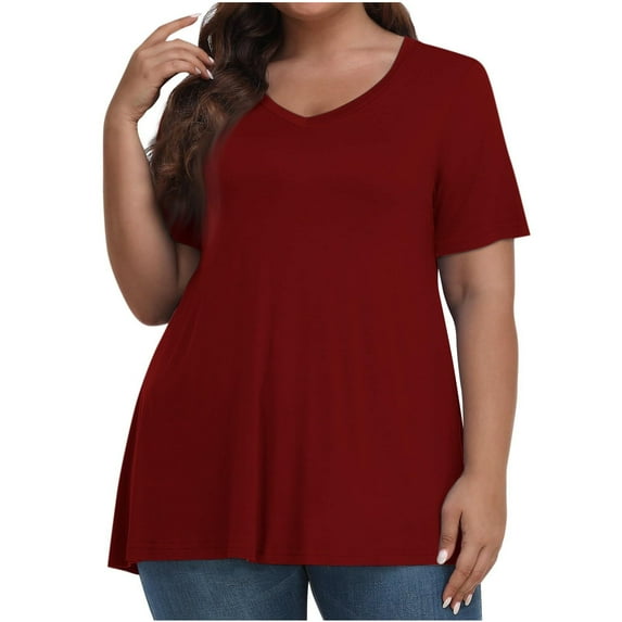 Olyvenn Fashion Plus Size Tops for Women Dressy Short Sleeve V Neck Shirts for Women Summer Tops for Women Solid Long Shirts Wine 18