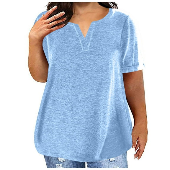 Olyvenn Fashion Plus Size Tops for Women Summer Casual Short Sleeve Tshirt Shirts Vneck Oversized Soft Solid Basic Tees Light Blue 10