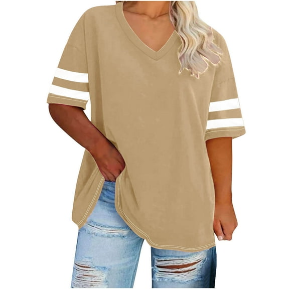 Olyvenn Fashion Plus Size Womens T Shirts Short Sleeve V Neck Loose Casual Summer Tees Basic Tunic Tops with Pocket Khaki 10