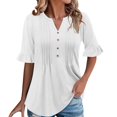 thumbnail image 1 of Olyvenn Fashion Ruffle Short Sleeve Tops for Women V Neck Henley Short Sleeve Dressy Casual Shirts Loose Button Pleated Blouses Tunic White S, 1 of 9